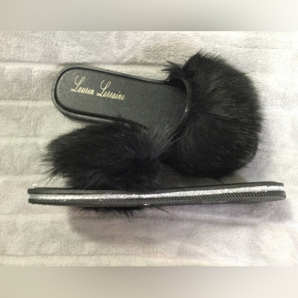 Lauren Lorraine Black Fluffy Sandals Size L Women’s Size 10 - Picture 6 of 9